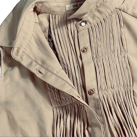 San Joy size small tan top with fringe on front & back, button down with collar - Picture 5 of 15